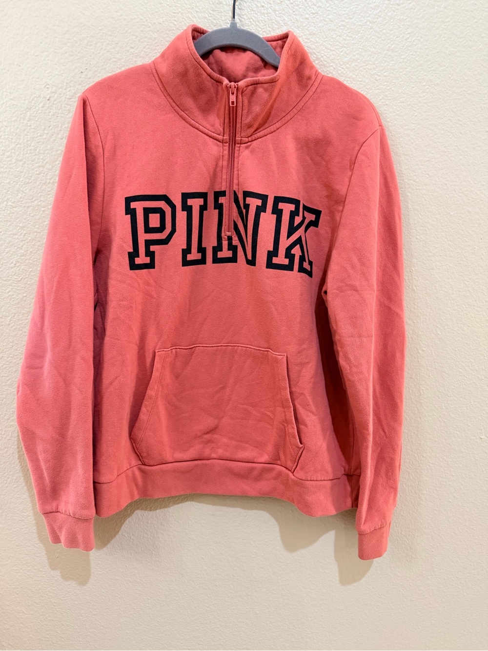 VS Victoria Secret PINK Quarter Zip Sweatshirt Coral Orange Pullover Fleece XL